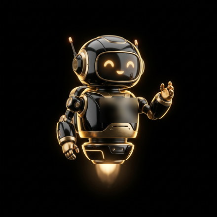 A floating gold and black robot, the face of the agent army